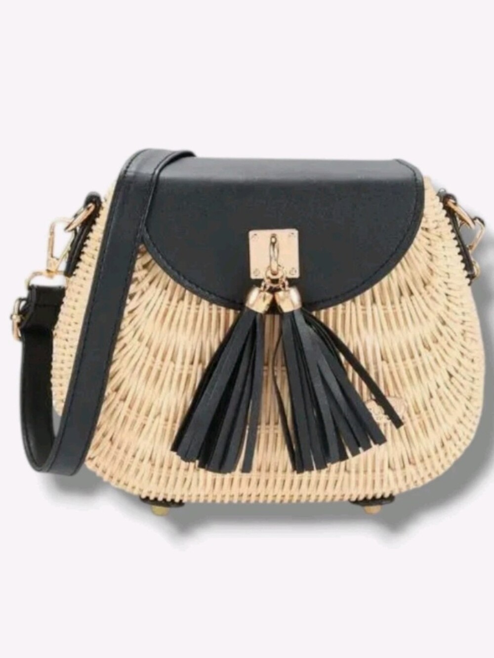 Surell Beige Rattan Colorblock Tassel Magnetic Flap Crossbody Bag NWOT